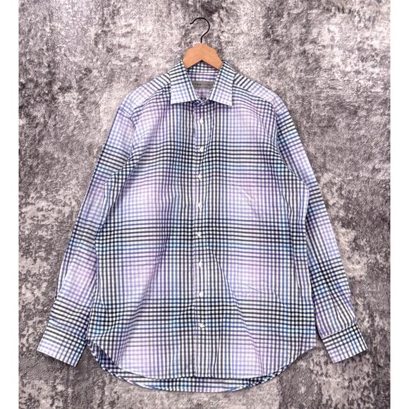Etro Shirt 44 / XL Mens Linen Gingham Check Blue Long Sleeve Button Down - Picture 1 of 8
